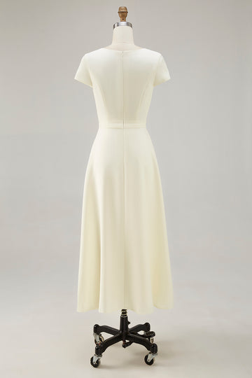 Daffodil A Line Satin Short Sleeves Boat Neck Long Work Dress